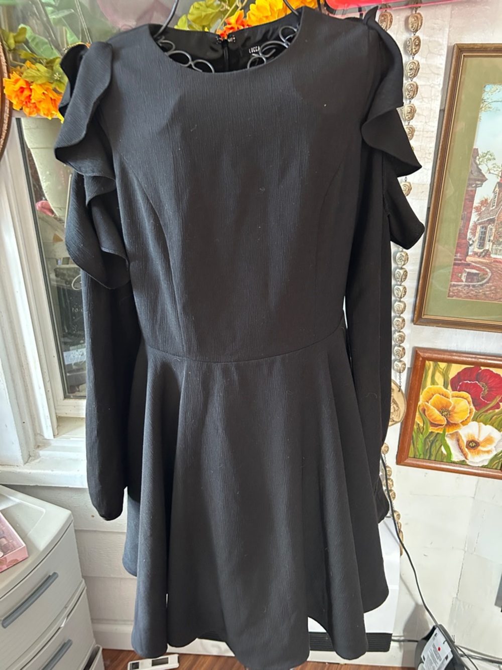 LUCKR Black Long-Sleeve Ruffle Shoulder Fit & Flare Dress